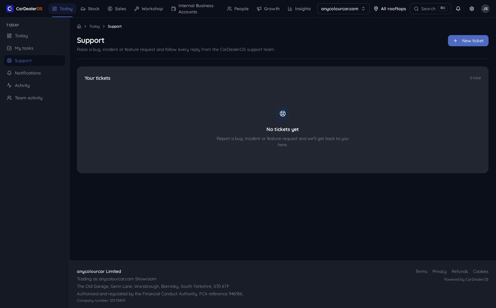 CarDealerOS support tickets with status and priority