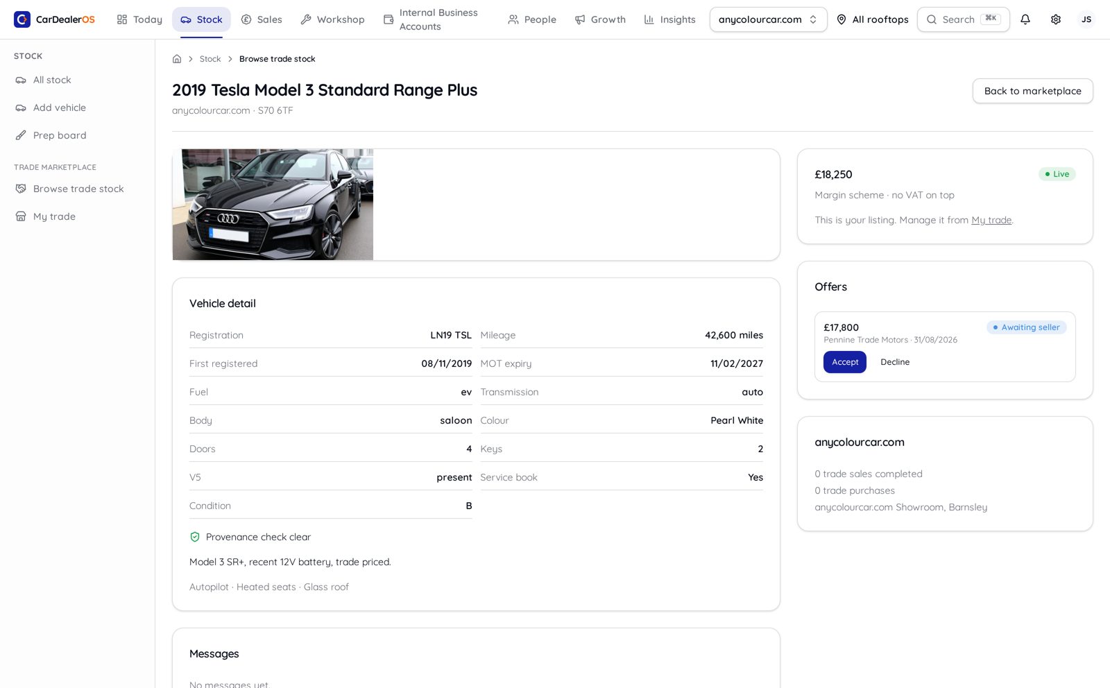 CarDealerOS trade marketplace listing with photos, spec and offer panel