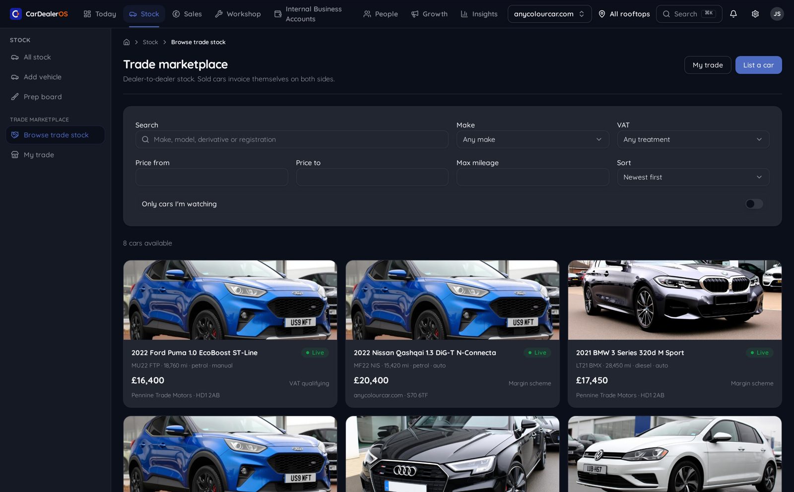 CarDealerOS trade marketplace showing cars listed by other dealerships