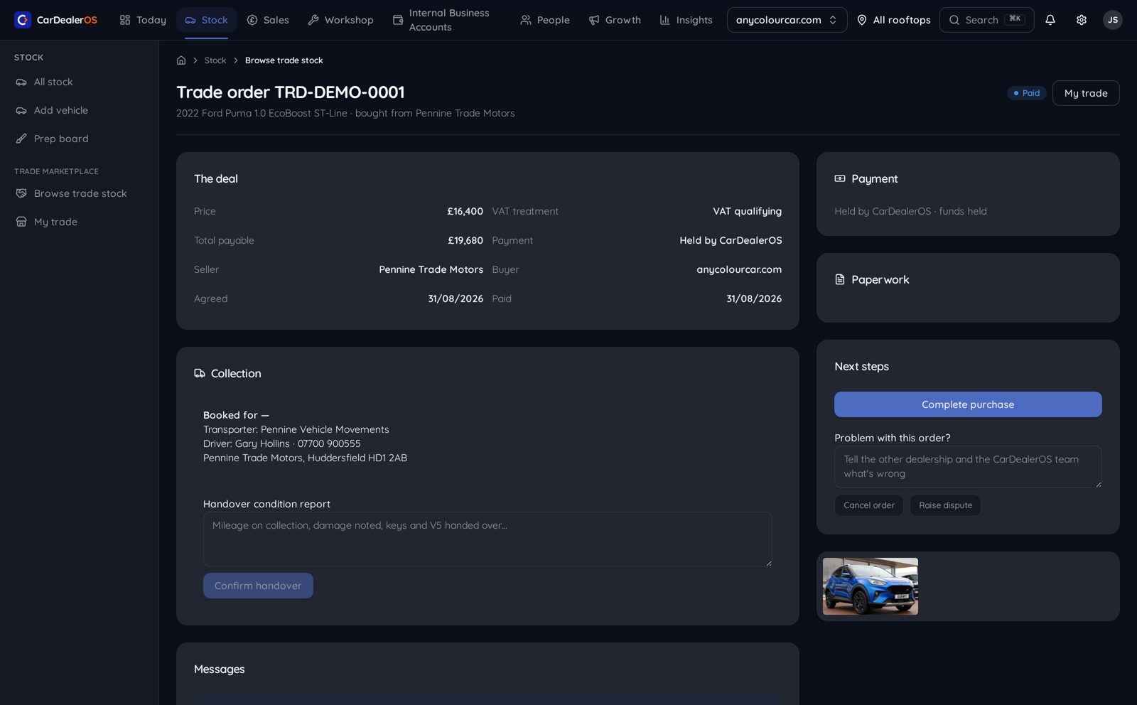 CarDealerOS trade order with paperwork links and collection slots