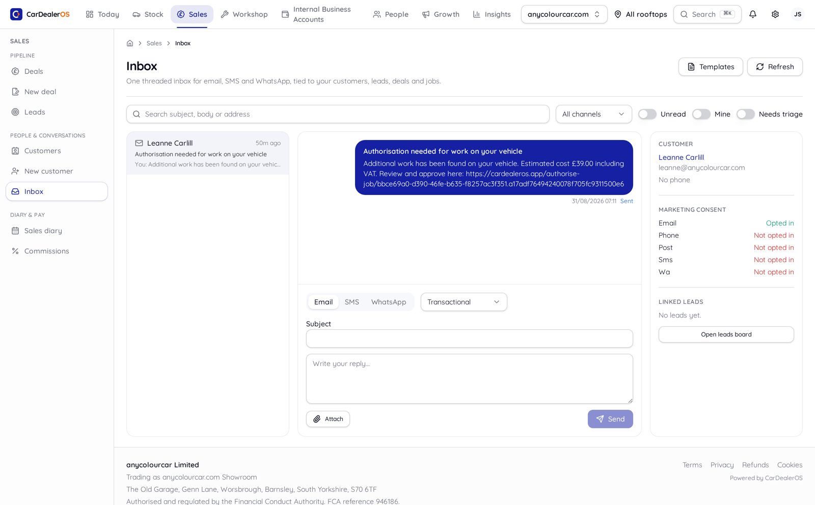 CarDealerOS inbox with a threaded WhatsApp conversation