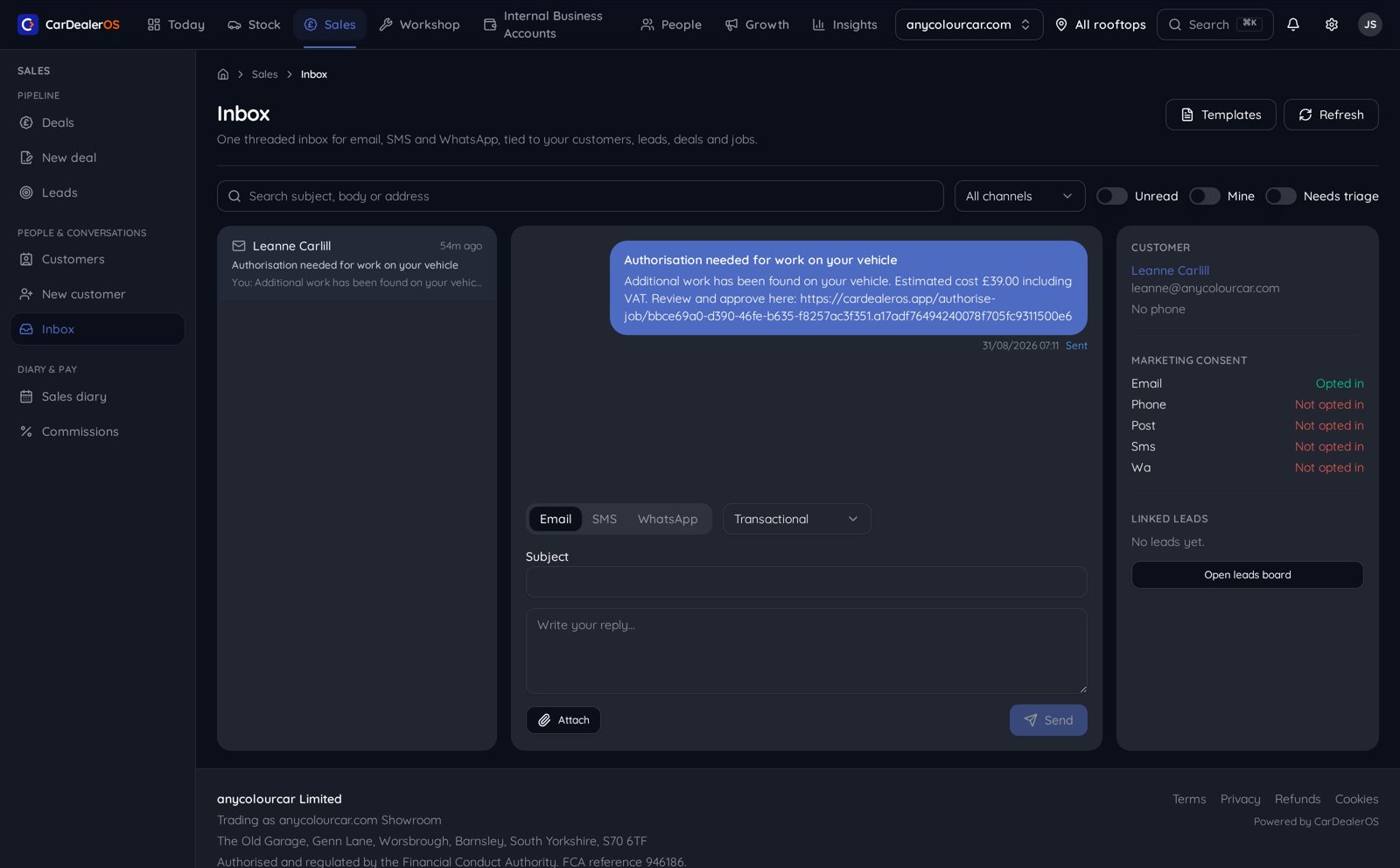 CarDealerOS inbox with a threaded WhatsApp conversation